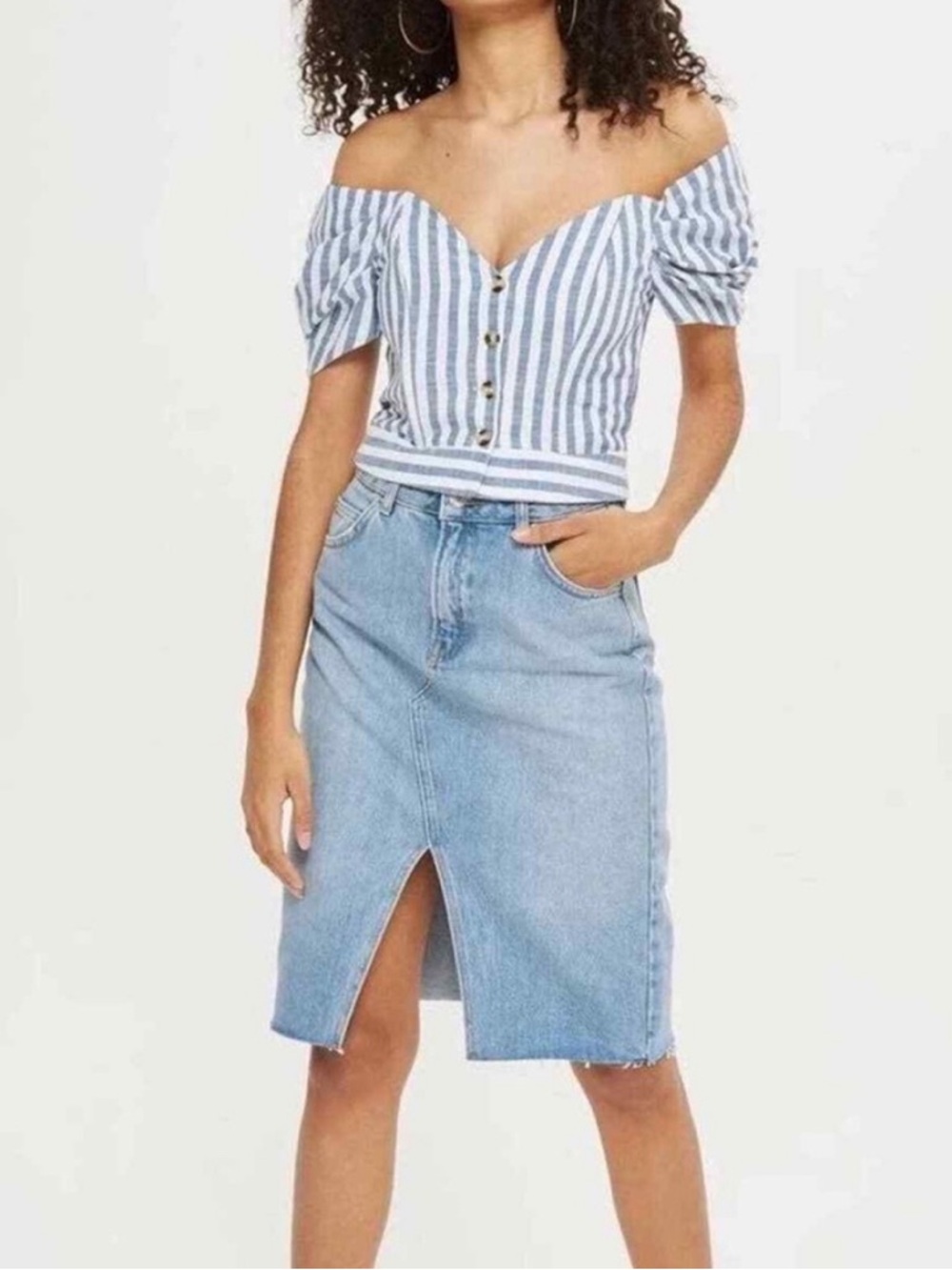 Top Shop Bardot Blue/White Striped Off-Shoulder, boned, Button Front Top  
US 2 - Picture 2 of 5